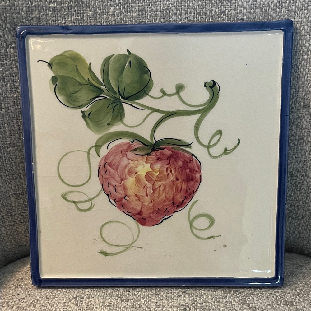Bassano Italian handpainted trivet ceramic decorative tile strawberry 7.5 blue